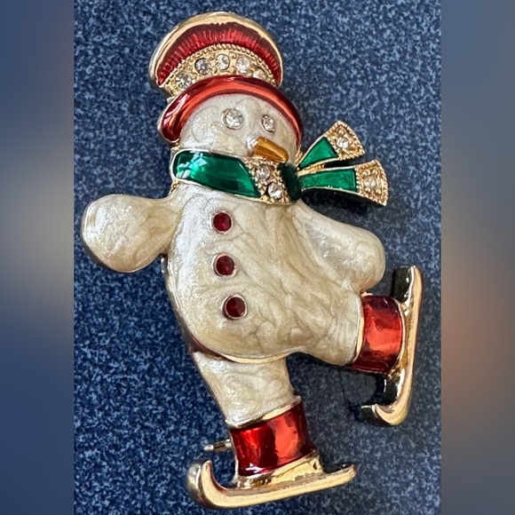 Monet Jewelry - Monet Festive Skating Figures Snowman Brooch with Red Green White & Gold Accents